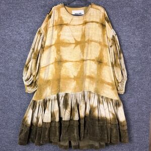 Story Mfg Tie Dye Velvet Midi Dress Puff Sleeve Ruffle Boho Organic cotton M